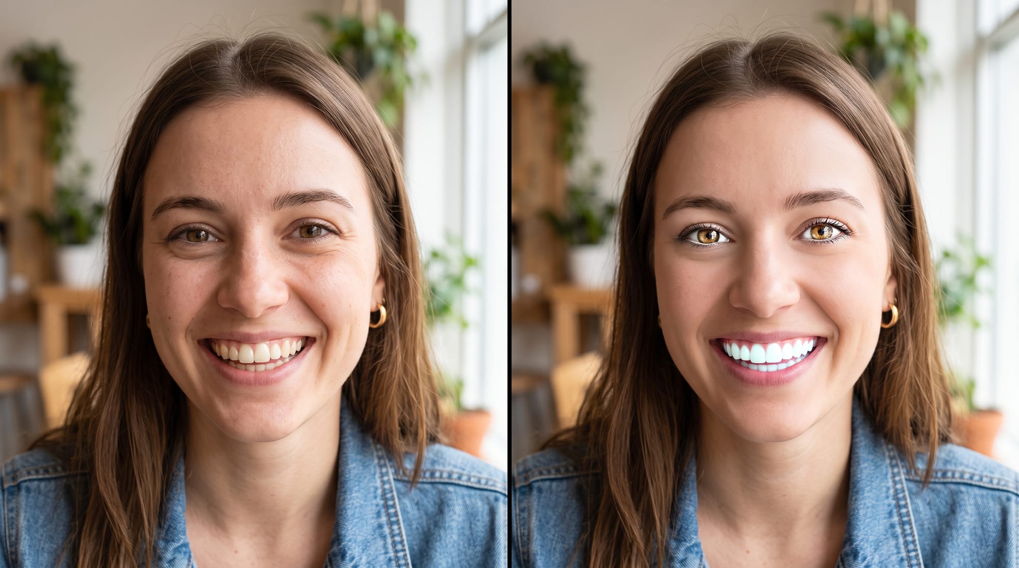 Before and after comparison of a smiling portrait edited for social media with Facelab
