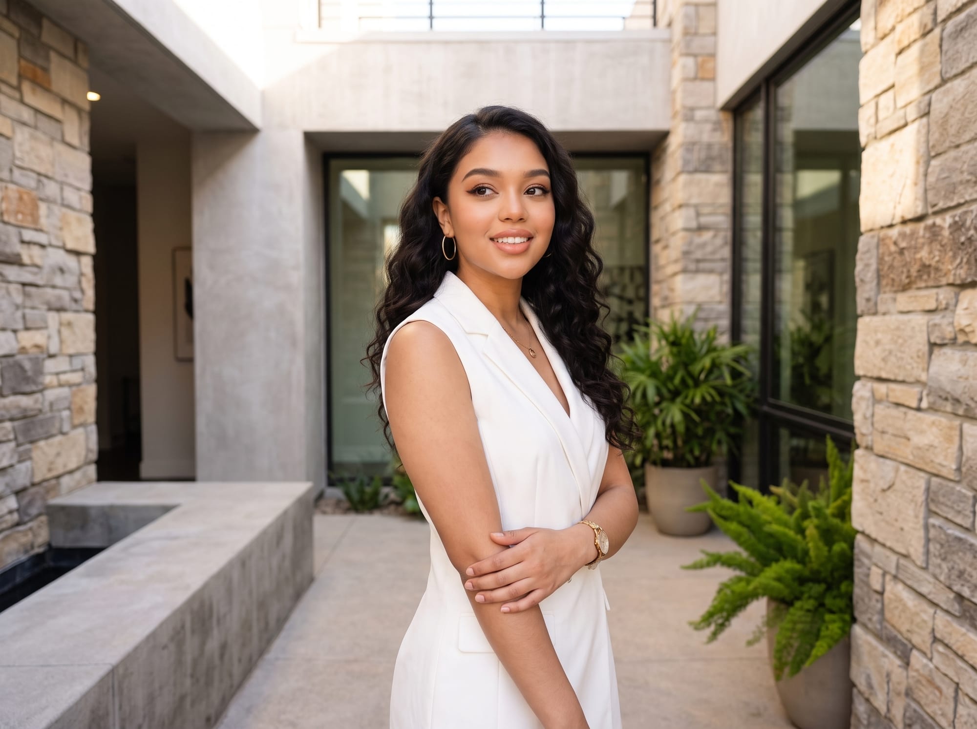 Woman posing confidently outdoors, demonstrating a natural-looking photo pose