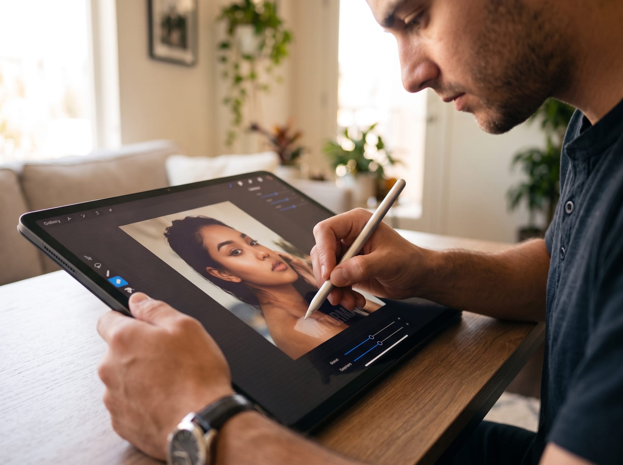 A photo editor using a tablet and stylus to erase a watermark from a portrait