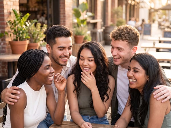 A group of friends laughing together outdoors at a cafe table