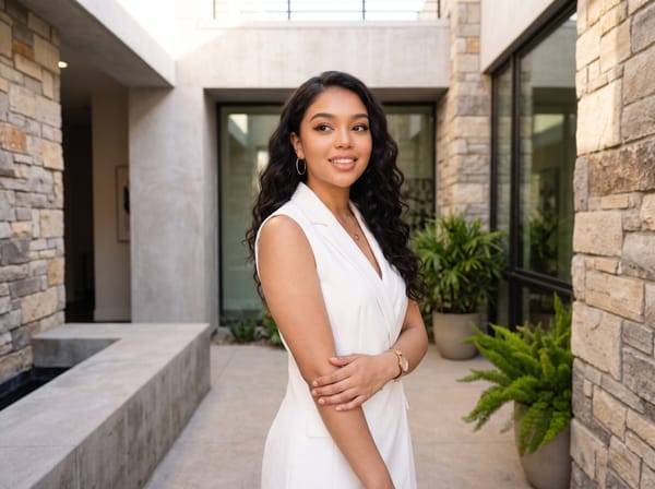 Woman posing confidently outdoors, demonstrating a natural-looking photo pose
