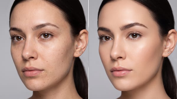 Before and after comparison of a portrait with smoothed, realistic-looking skin retouching